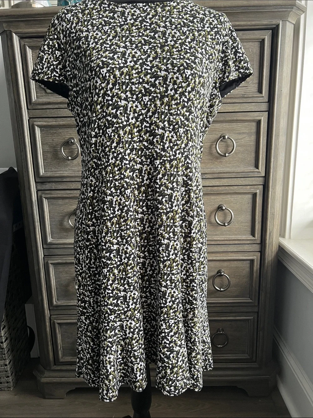 Michael Kors Black, White & Olive Abstract Print Midi Dress